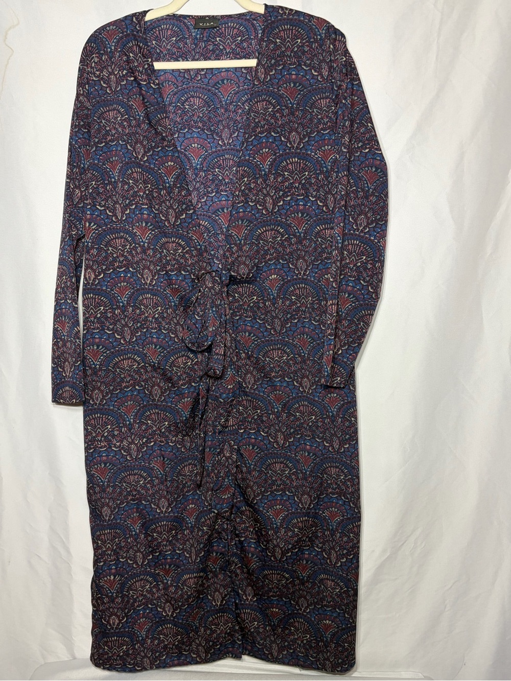 Women’s XSmall Long Paisley Printed Long Sleeve Tie-Waist Kimono Duster